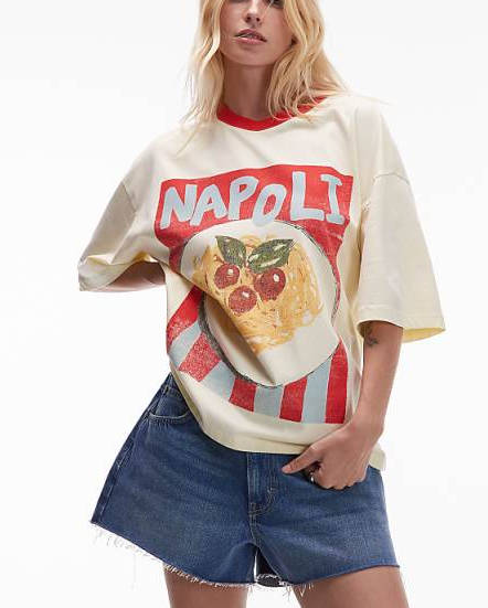 Chic Beige Italy Noodle Print T - shirt