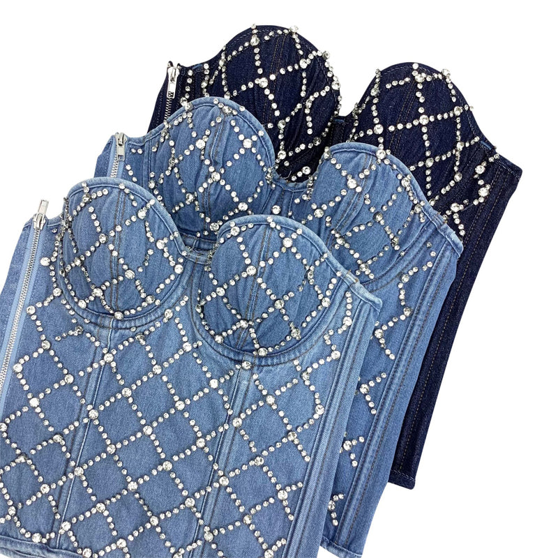 Beaded Denim Rhinestone Front Corset Top
