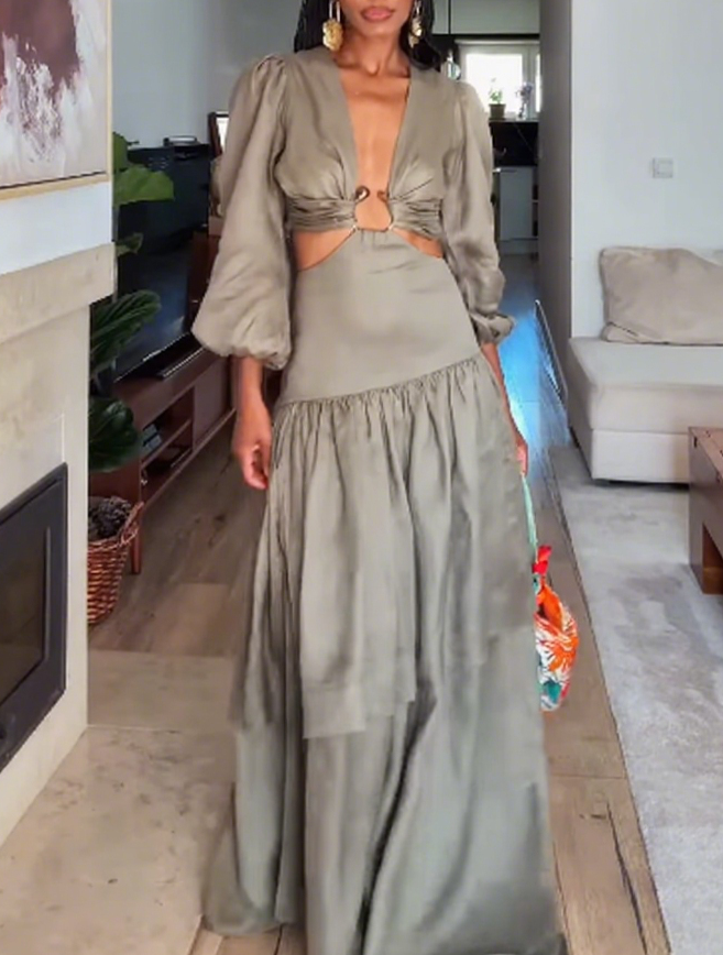 Elegant Maxi Dress with Cut - out Design and Puffed Sleeves