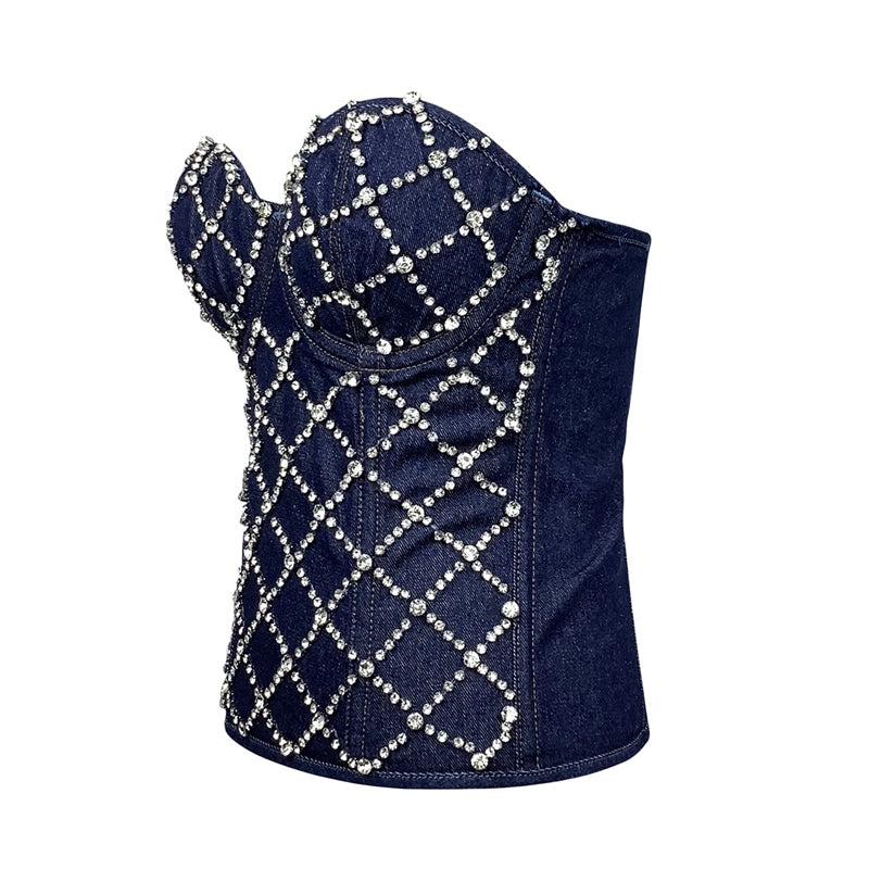 Beaded Denim Rhinestone Front Corset Top