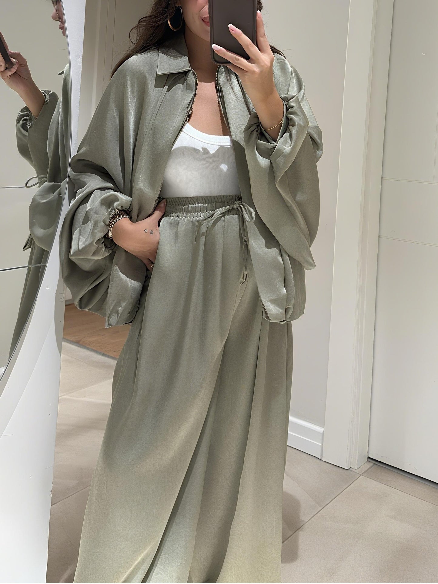 Front Zippered Bomber Satin Jacket