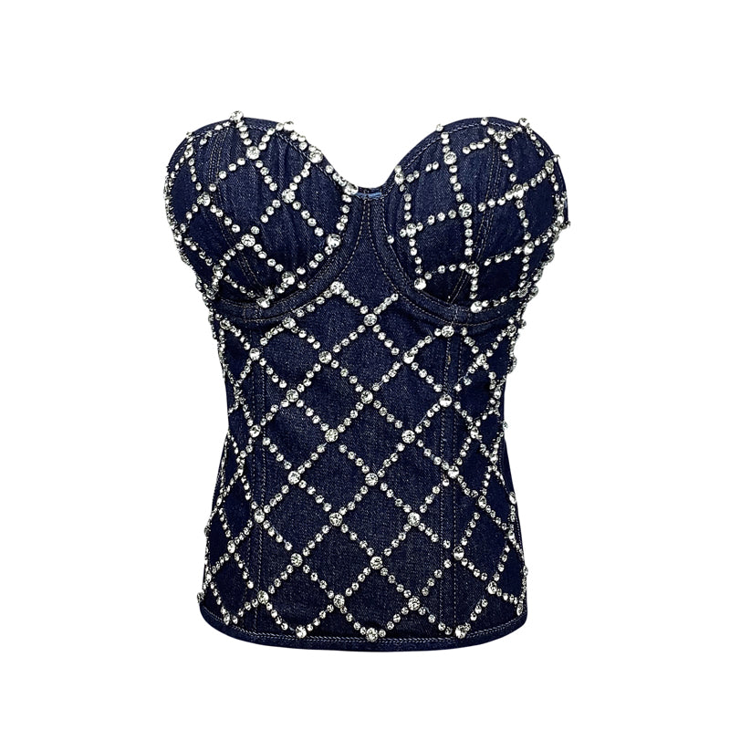 Beaded Denim Rhinestone Front Corset Top
