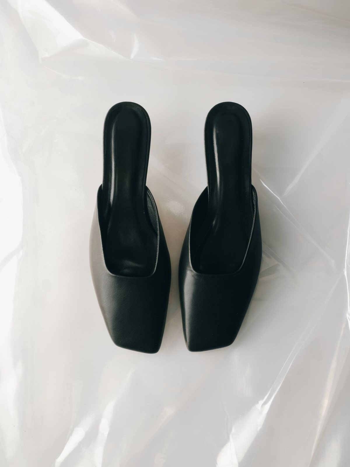 Black Leather Slip - on Heeled Mules
