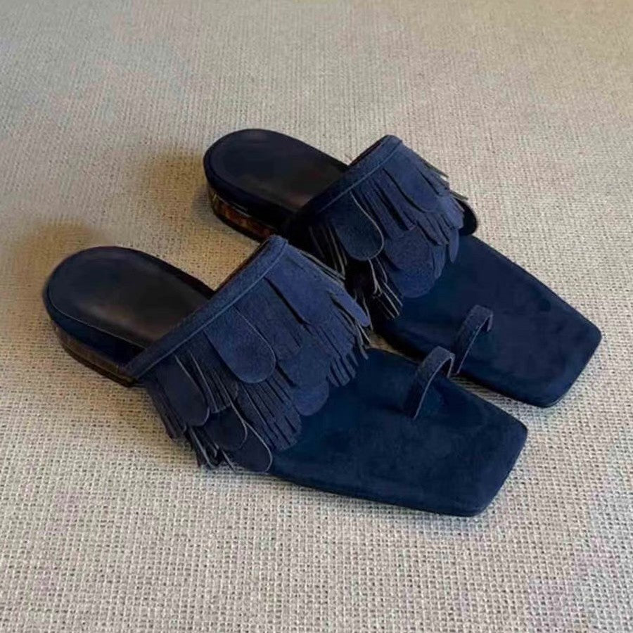 Suede Fringed Square-Head Slippers