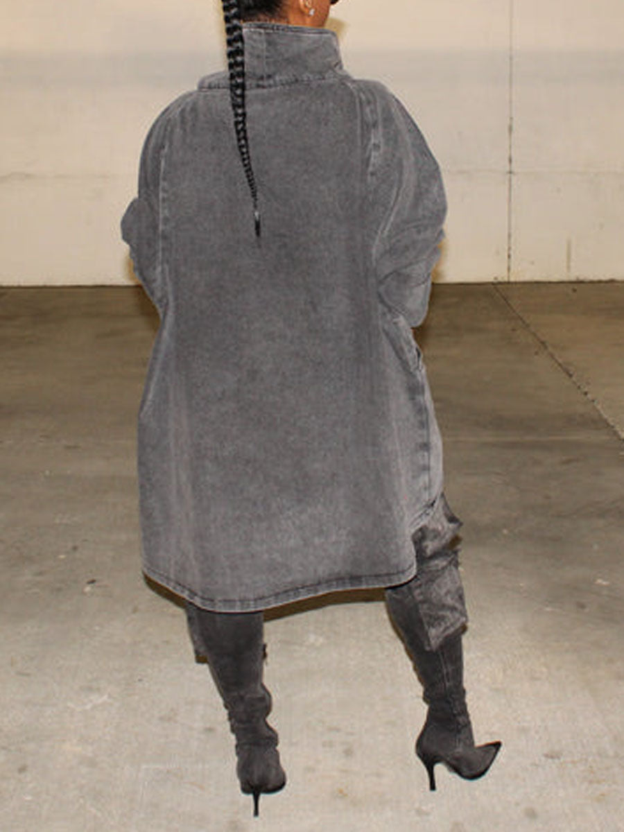 Funnel Neck Long Sleeve Irregular Denim Coat Dress