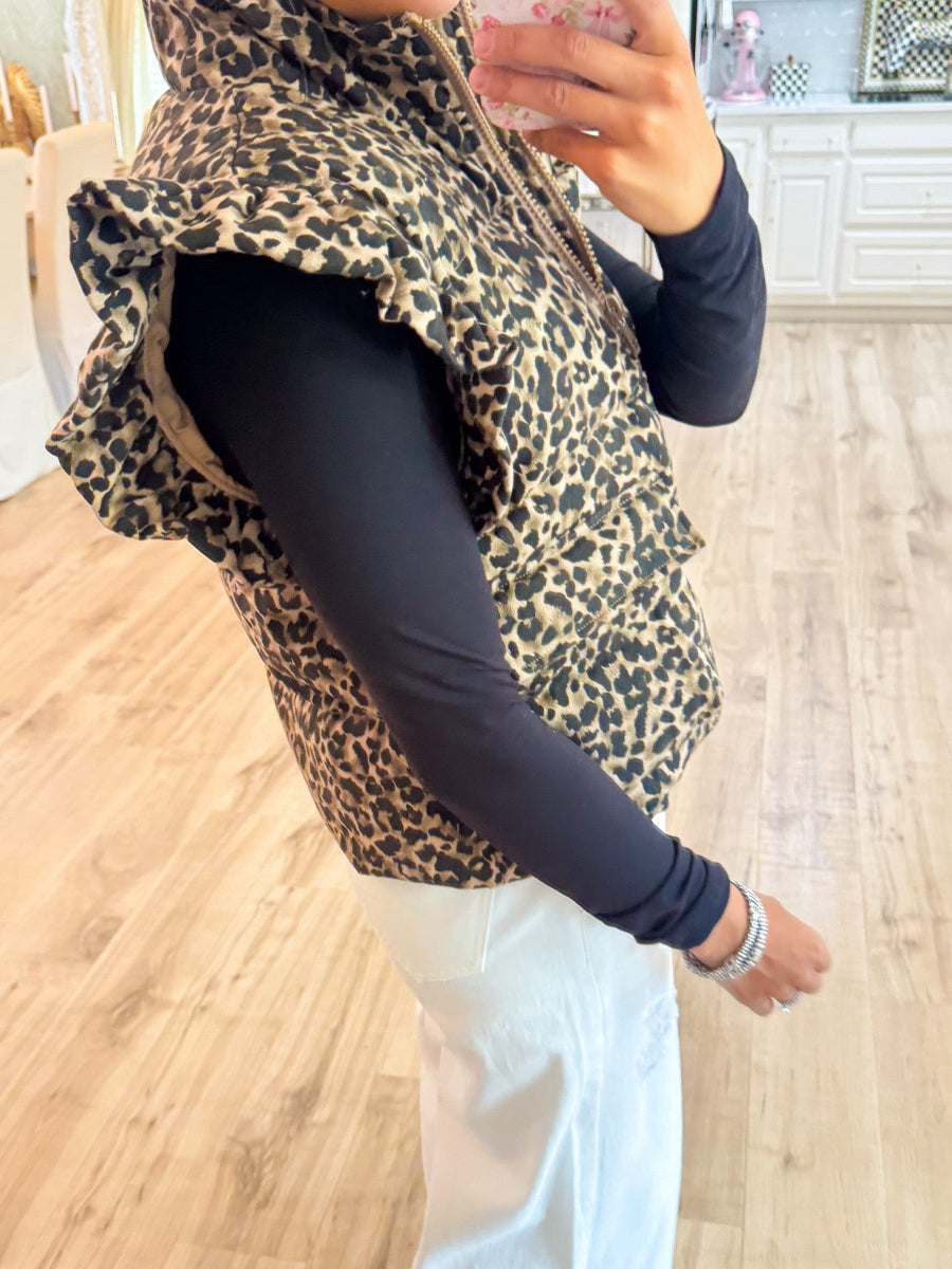 Fashion Leopard Ruffle Sleeve Vest
