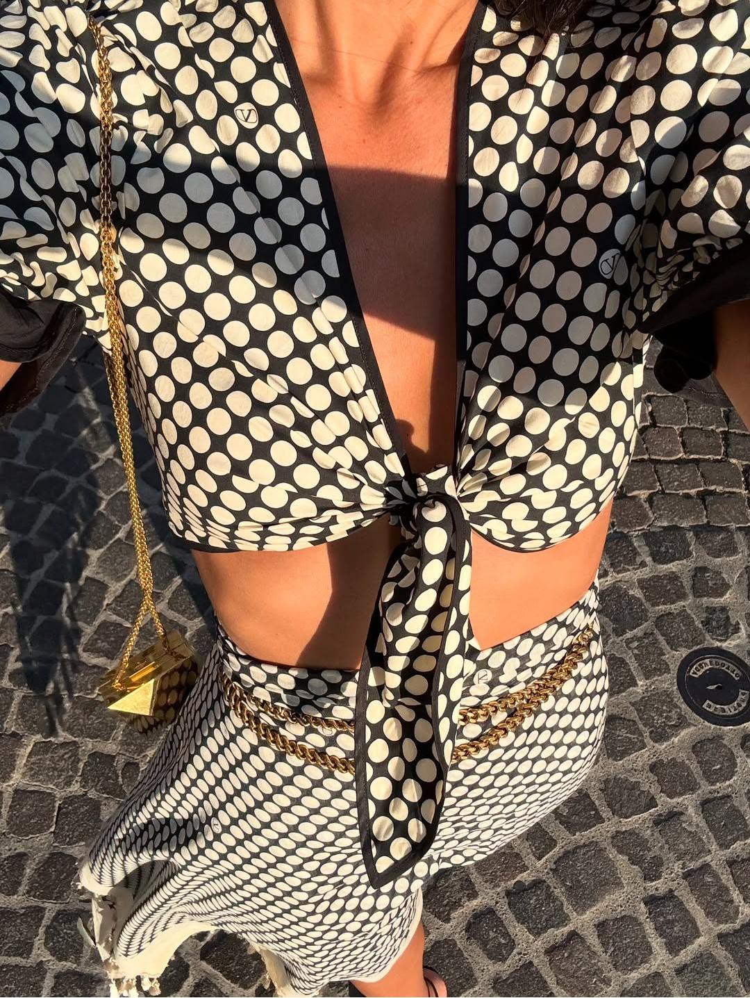 Stylish Polka - Dot Two - Piece Dress Set with Crop Top and Midi Skirt