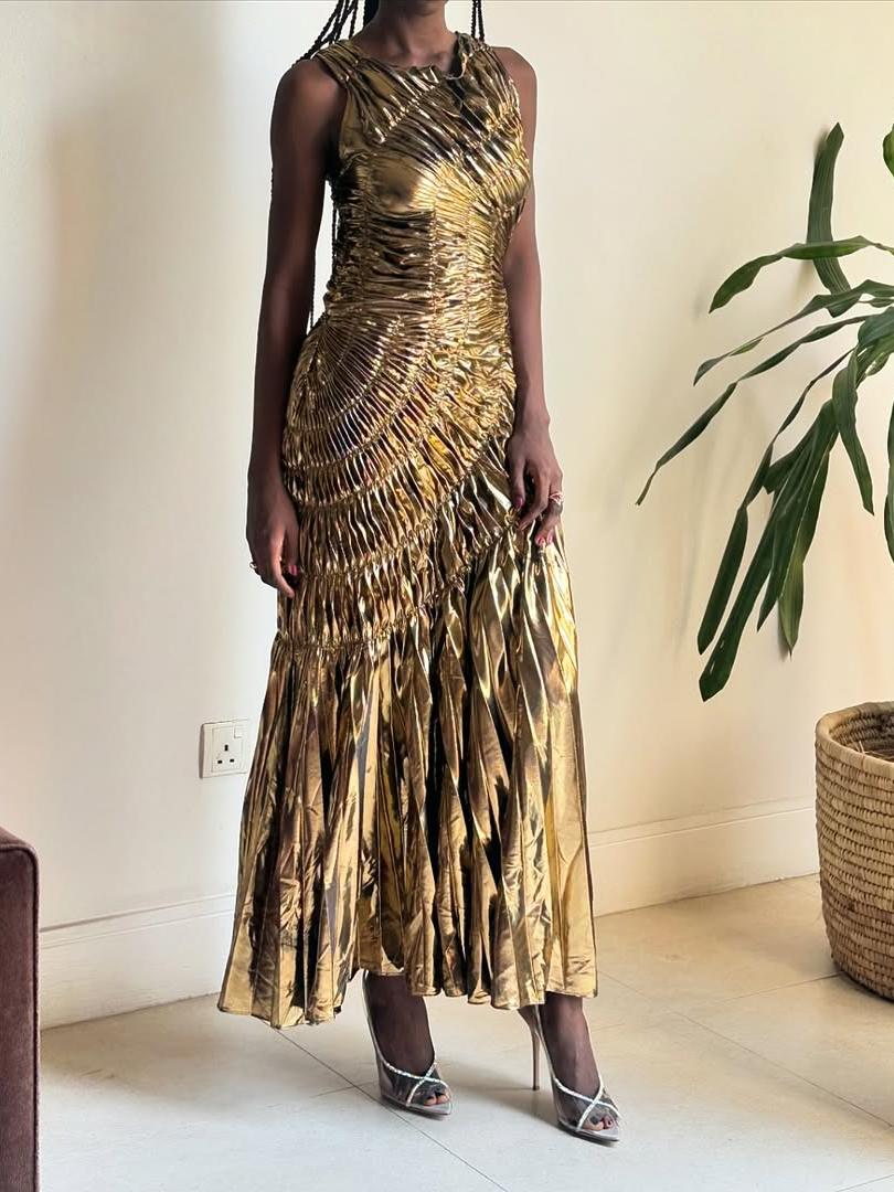 Fashionable All-Match Casual Gold Pleated Dress