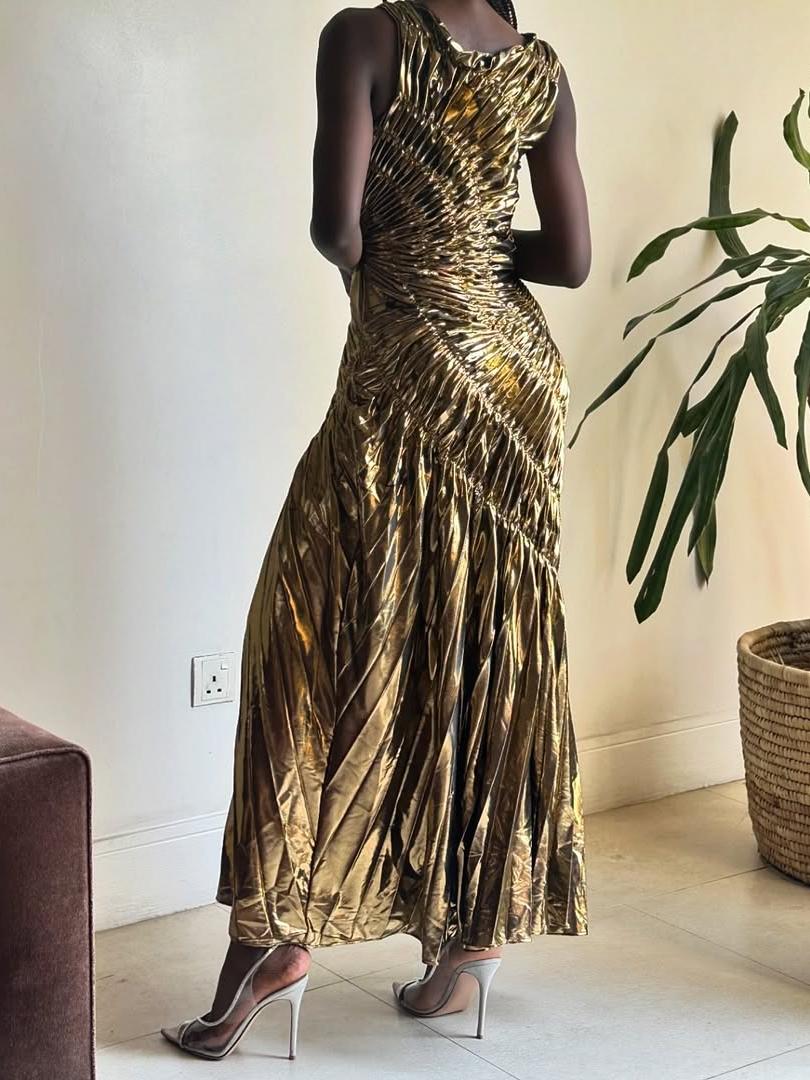 Fashionable All-Match Casual Gold Pleated Dress