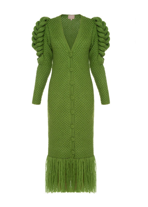 Fringe Hem Deep V Neck Statement Sleeves Dress