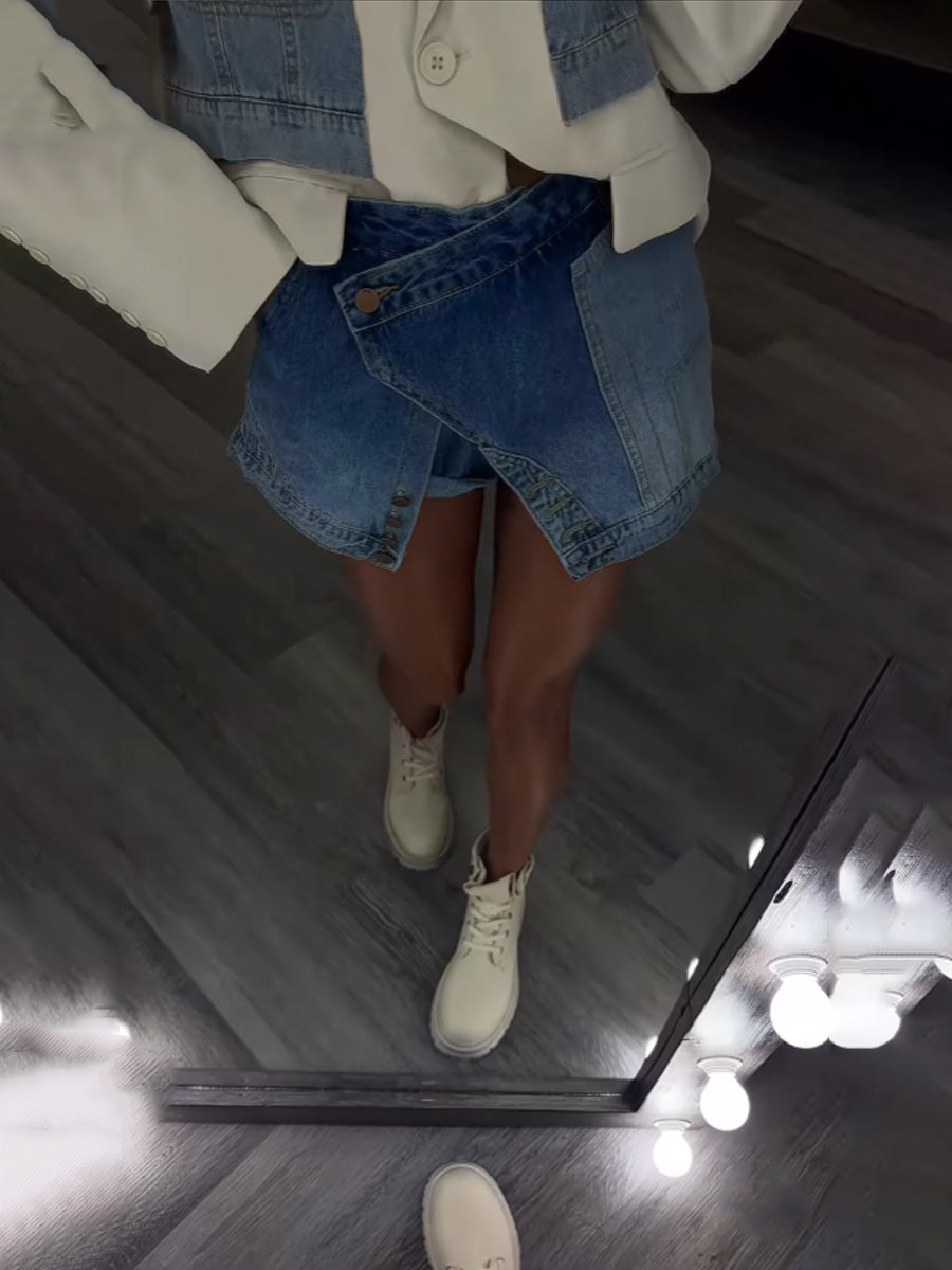 Color-block High-waist Denim Shorts