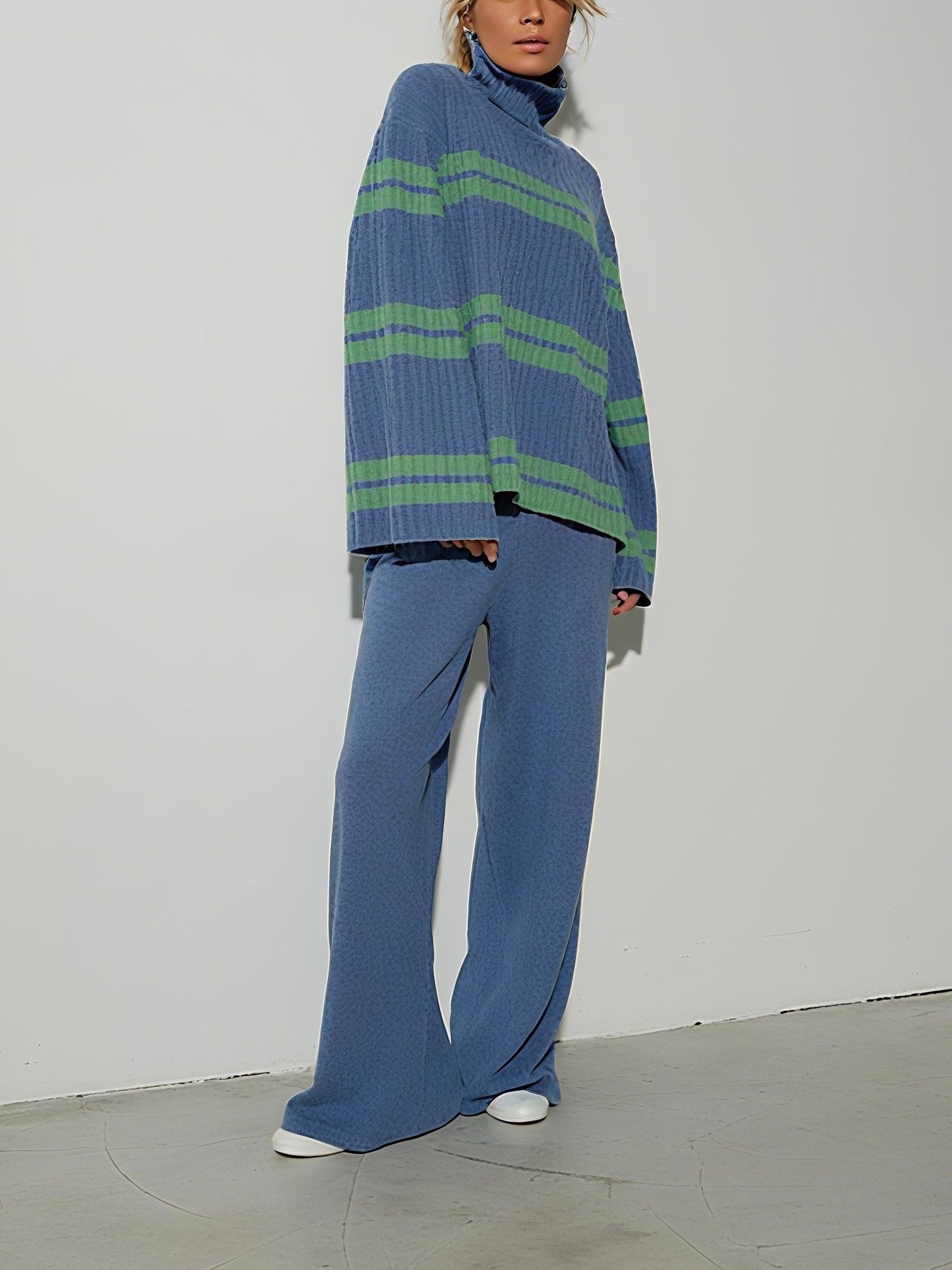Blue and Green Stripes Chic Turtleneck Sweater