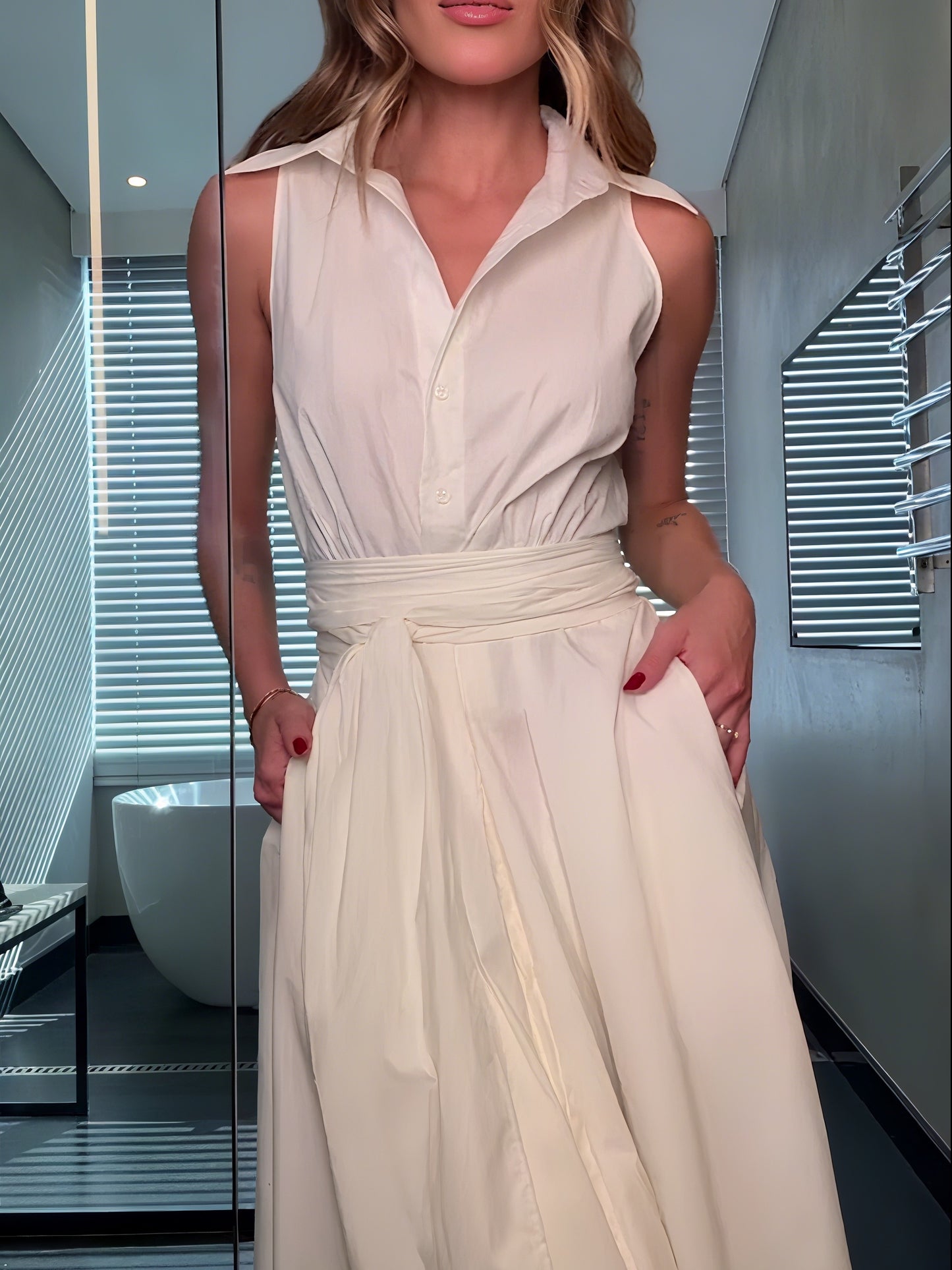 Elegant Shirt-Collar Sleeveless Midi Dress with Self-Tie Waist