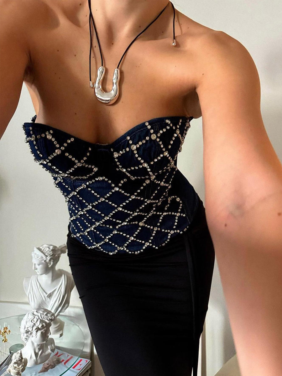 Beaded Denim Rhinestone Front Corset Top