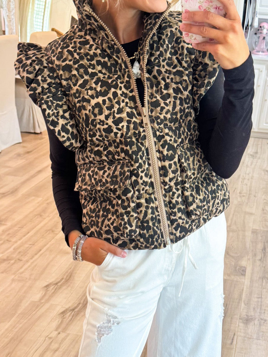 Fashion Leopard Ruffle Sleeve Vest