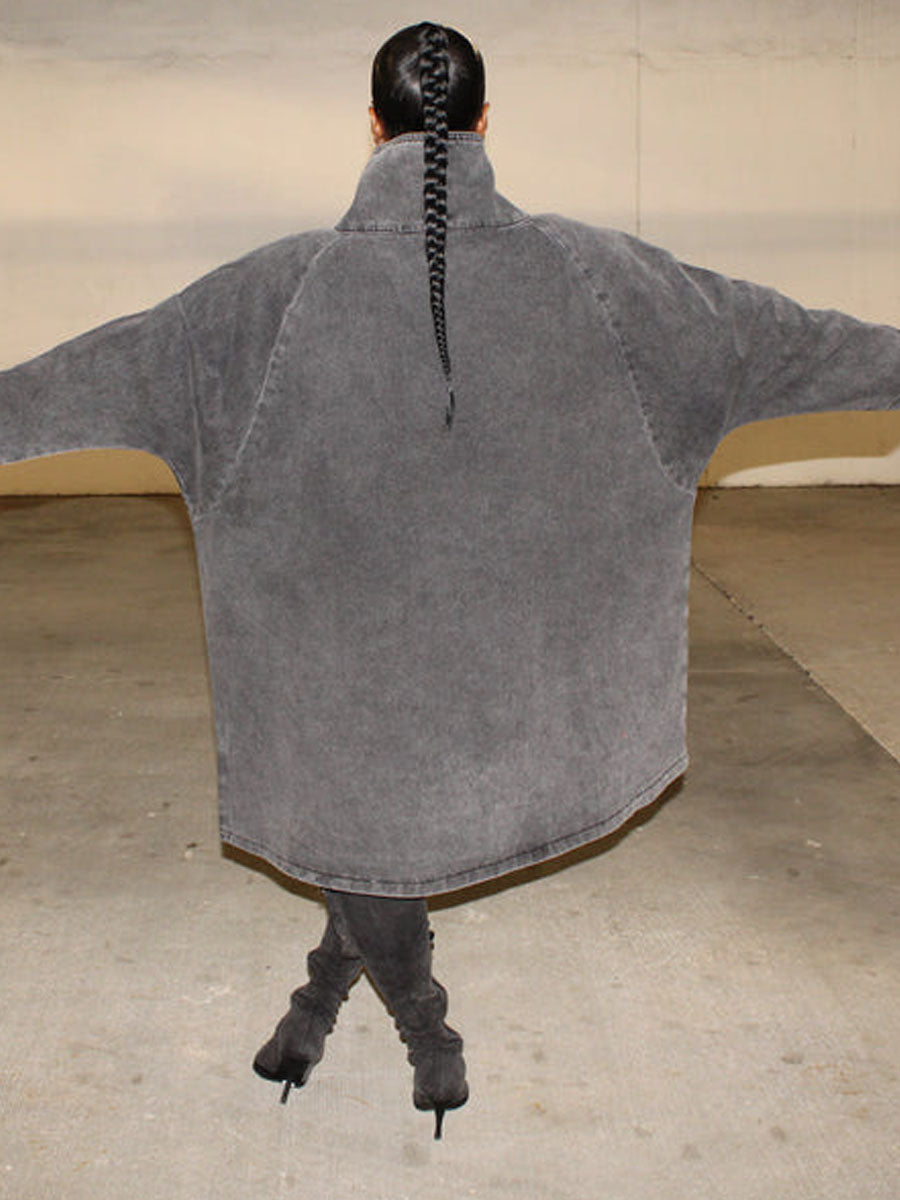Funnel Neck Long Sleeve Irregular Denim Coat Dress