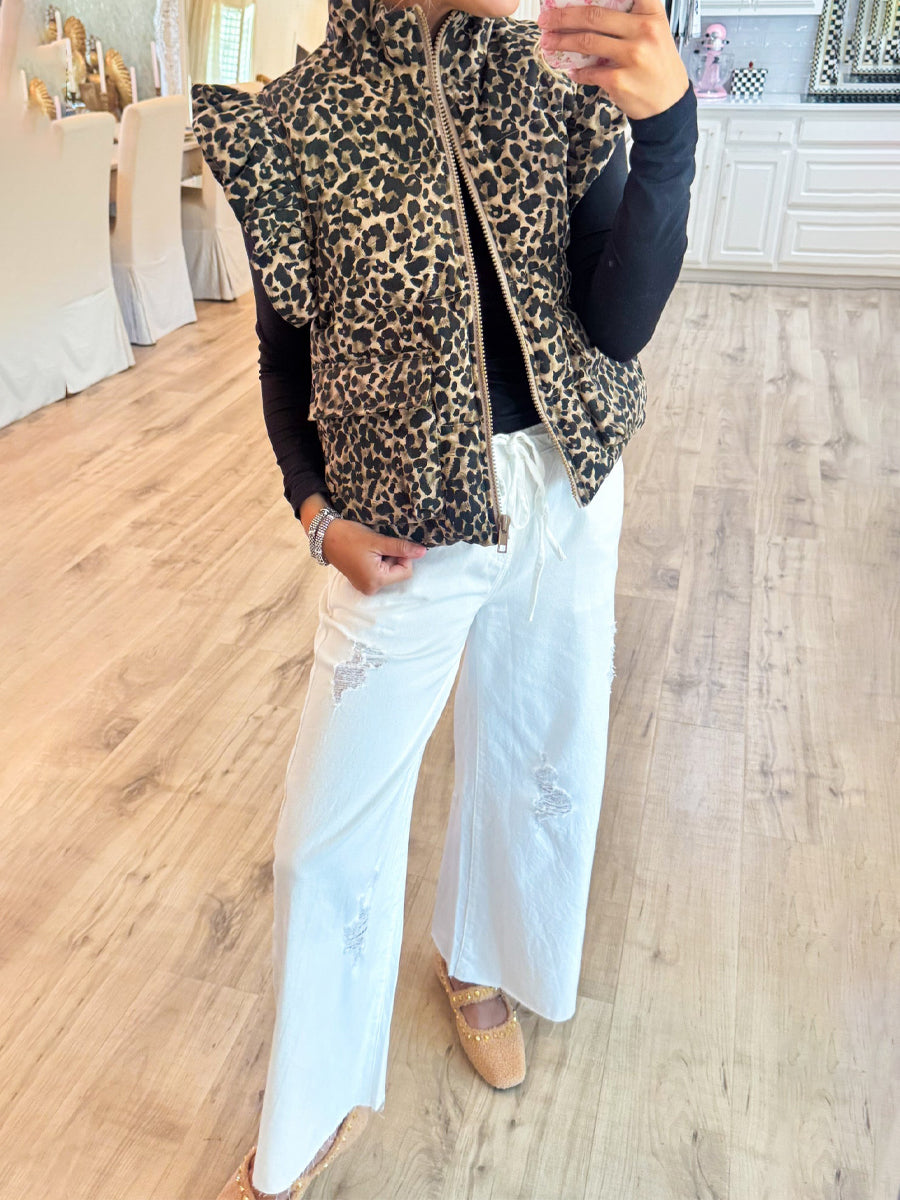 Fashion Leopard Ruffle Sleeve Vest