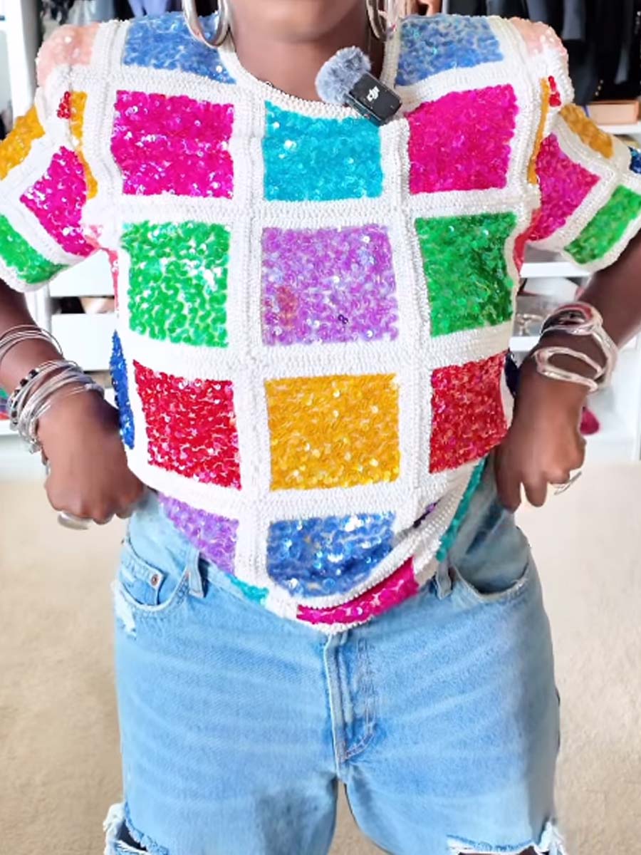 Fashion Sequined Short Sleeve Top