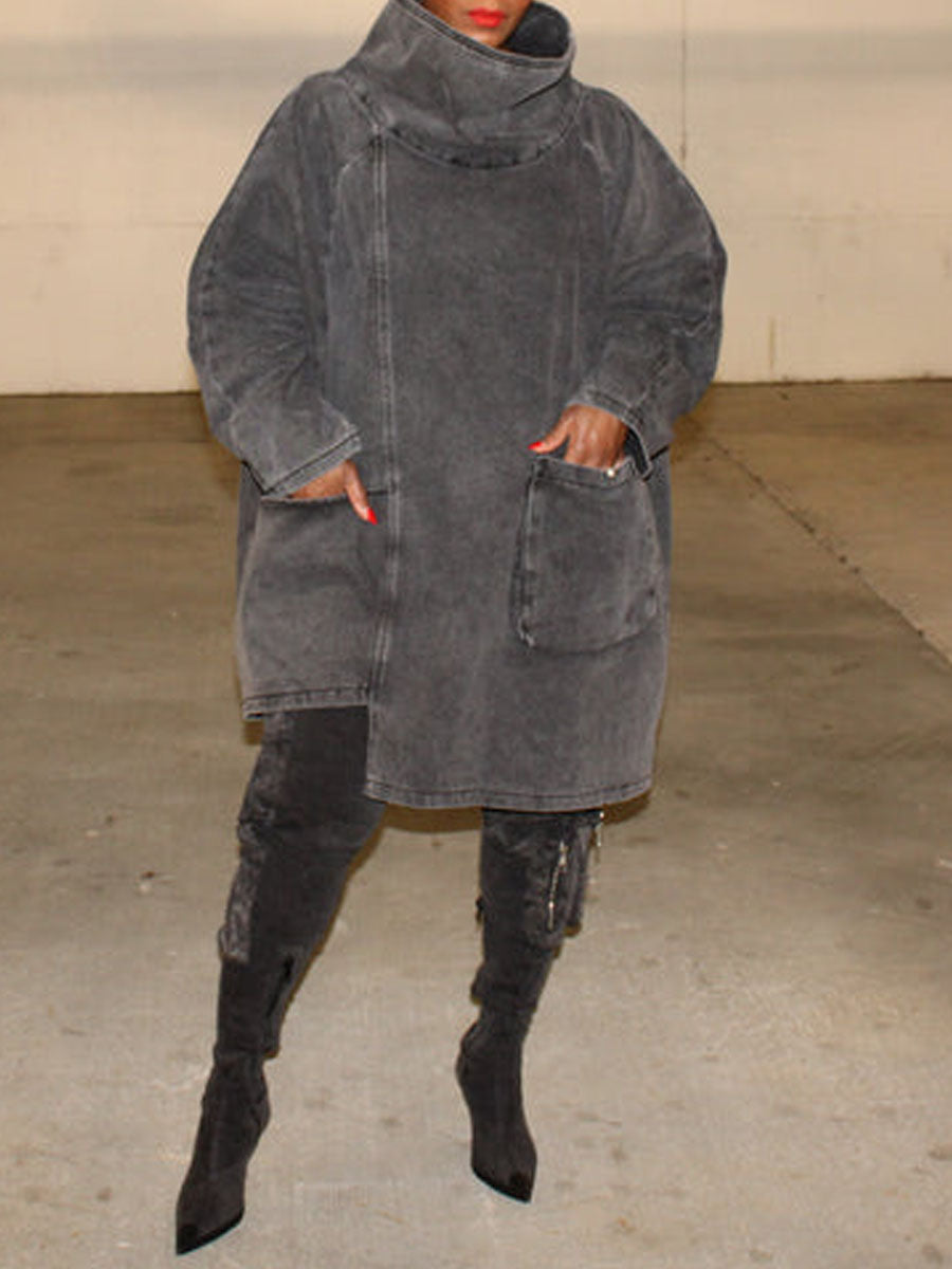 Funnel Neck Long Sleeve Irregular Denim Coat Dress