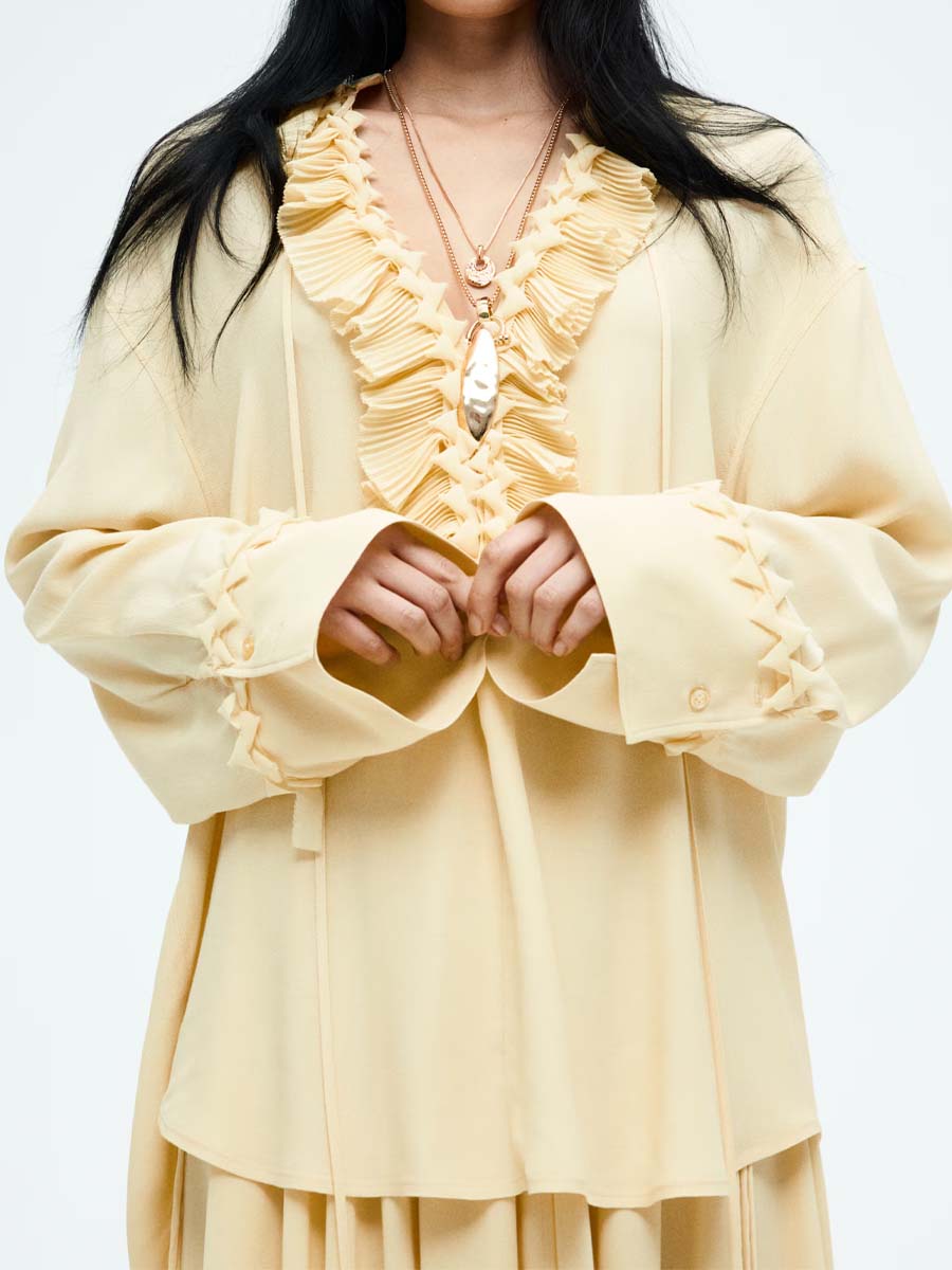 Chiffon Band Collar Ruffled Two Pieces Dress