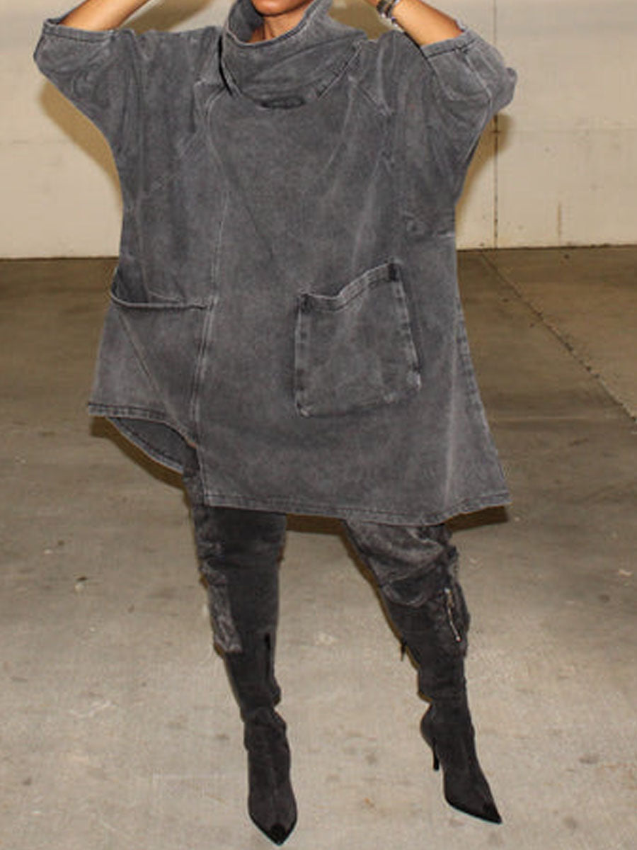 Funnel Neck Long Sleeve Irregular Denim Coat Dress