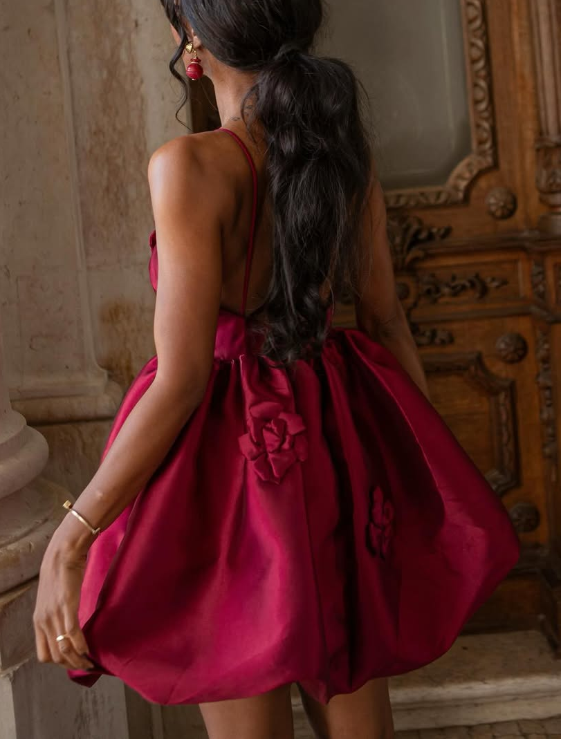 Elegant Burgundy Satin Mini Dress with Floral Embellishments