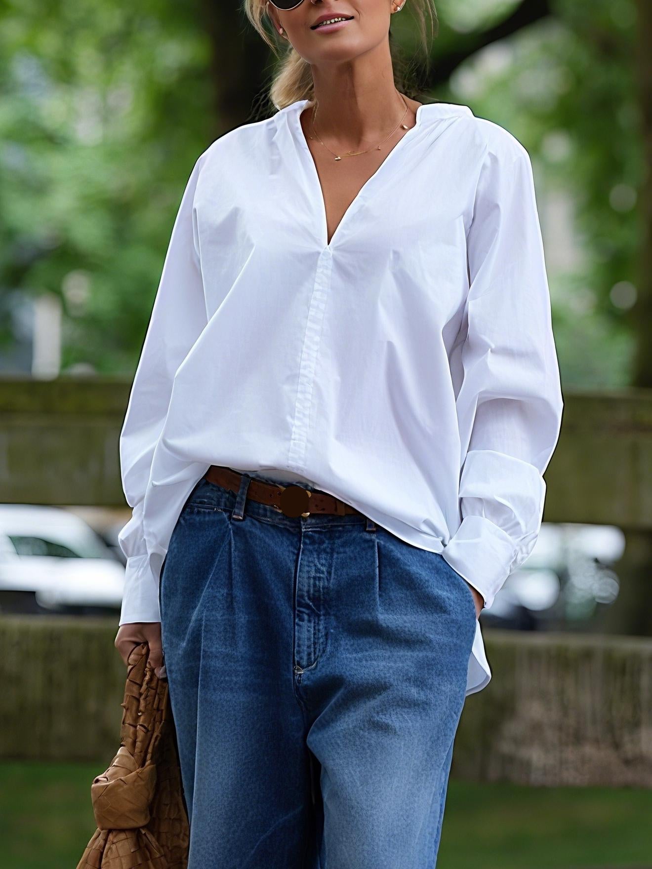 Stylish White V - Neck Blouse