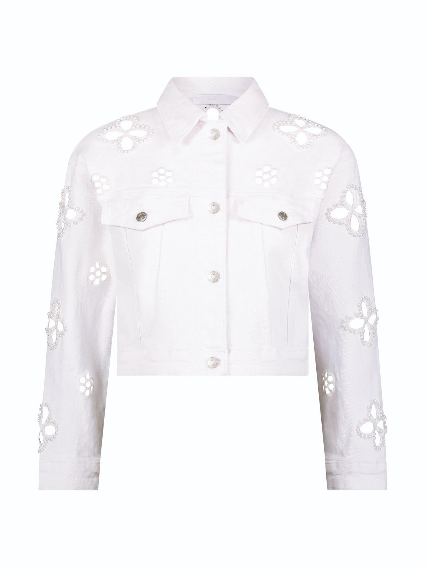 Embroidered Pearl Hollow-out Denim Cropped Outerwear