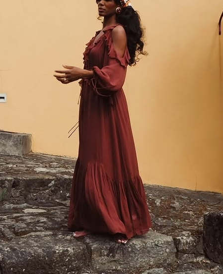 Rustic Charm: Elegant Burgundy Maxi Dress with Ruffled Sleeves