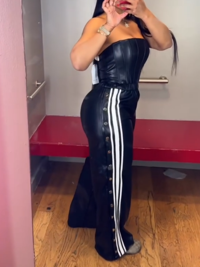Stylish Strapless Leather Jumpsuit