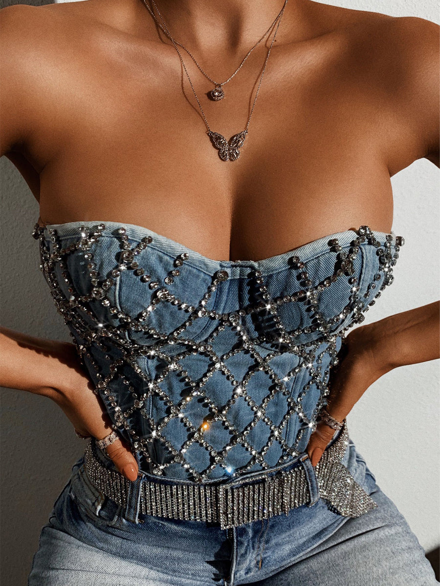 Beaded Denim Rhinestone Front Corset Top