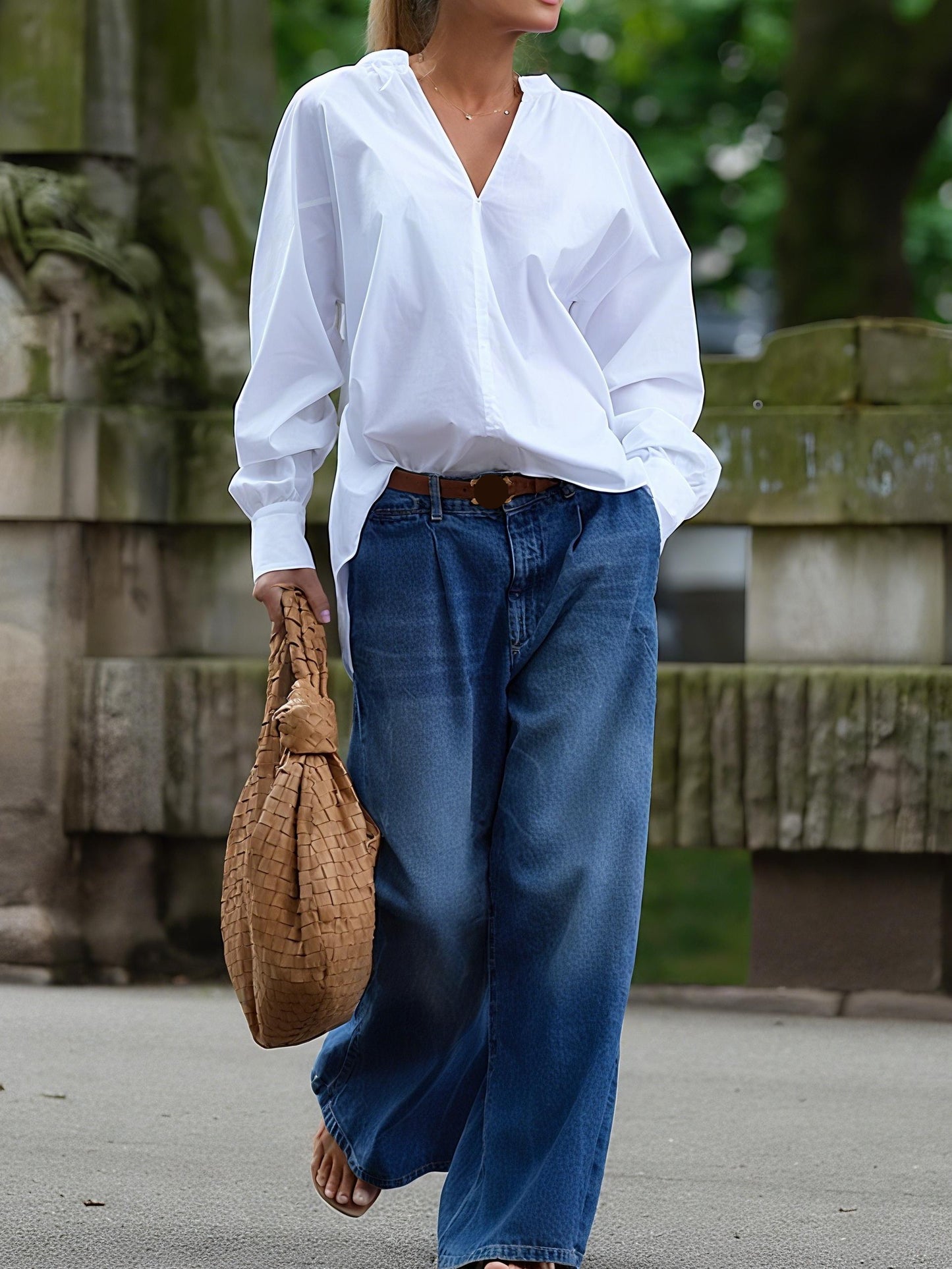 Stylish White V - Neck Blouse