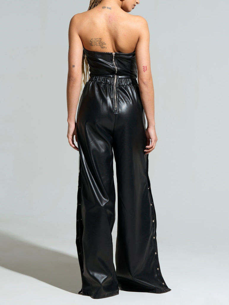 Stylish Strapless Leather Jumpsuit