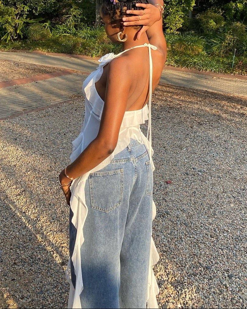 Ethereal White Tassel Tie-Neck Top