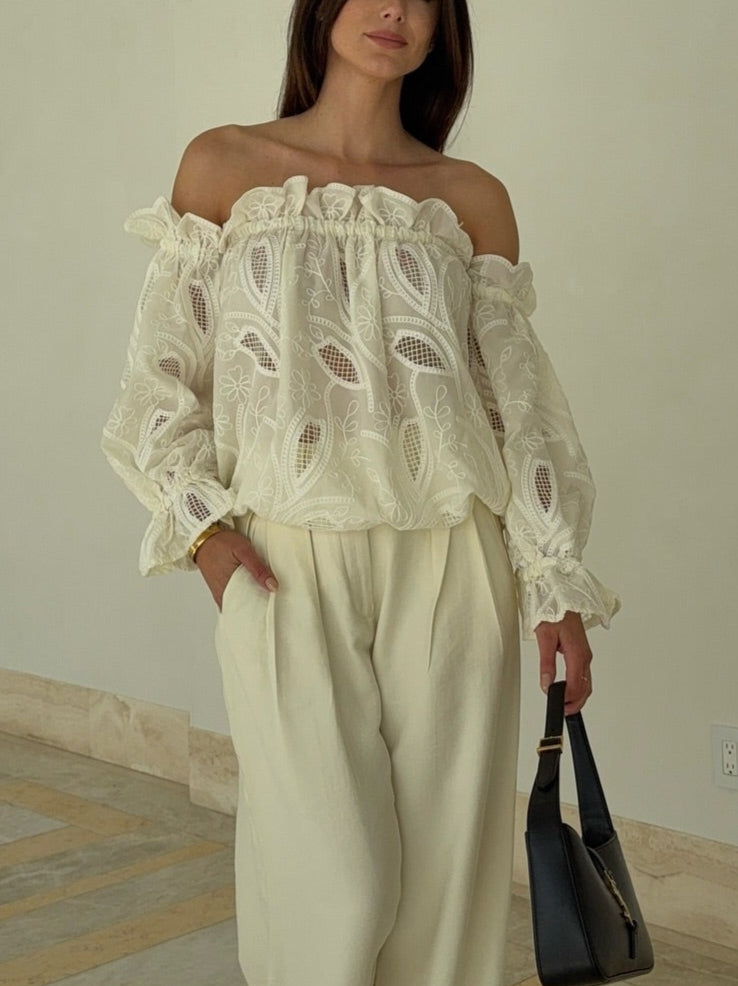 Chic White Ruffle Trim Bardot Top