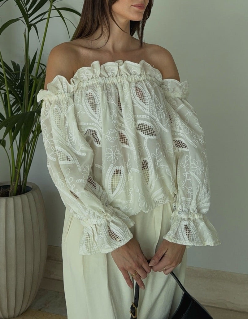 Chic White Ruffle Trim Bardot Top