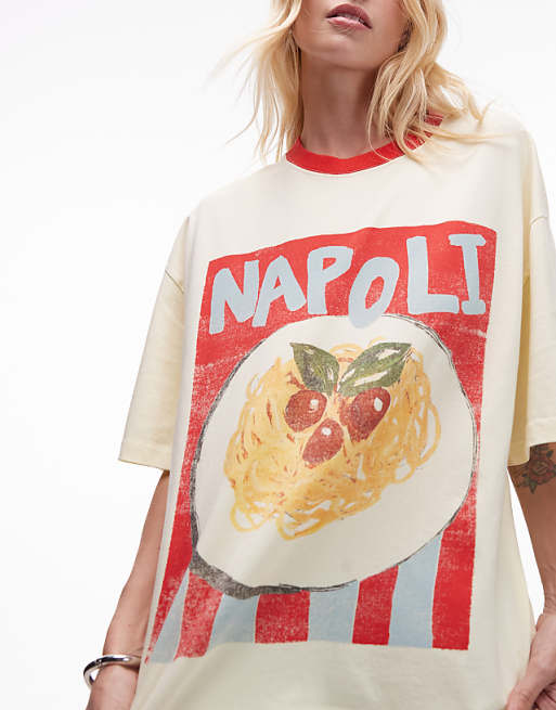 Chic Beige Italy Noodle Print T - shirt