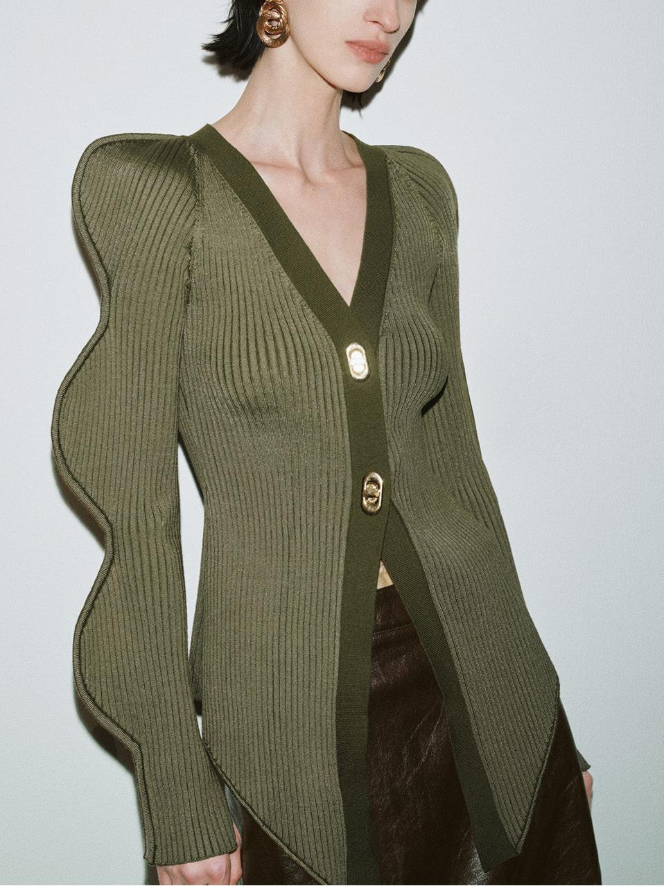 Stylish Knit Long Wave Sleeve V - Neck Cardigan