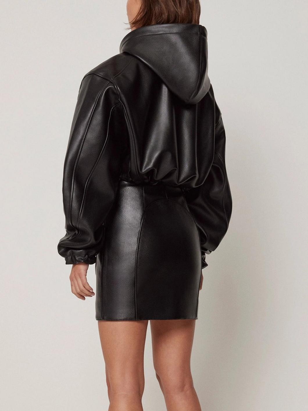 Faux Leather Cropped Hooded Jacket
