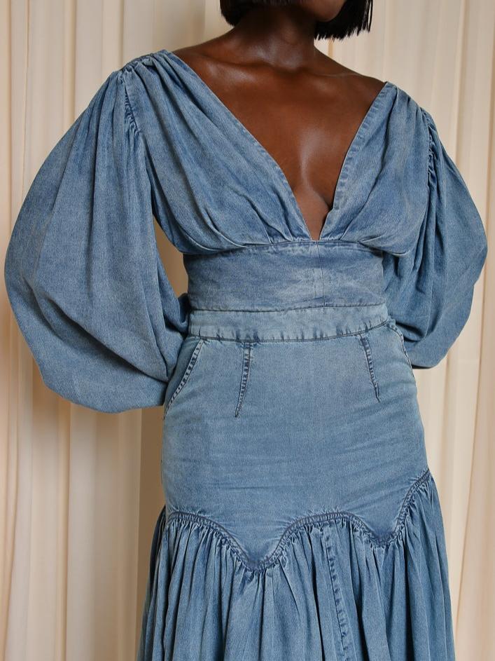 Stylish Denim Two - Piece Set with Puffed Sleeves and Ruffled Skirt