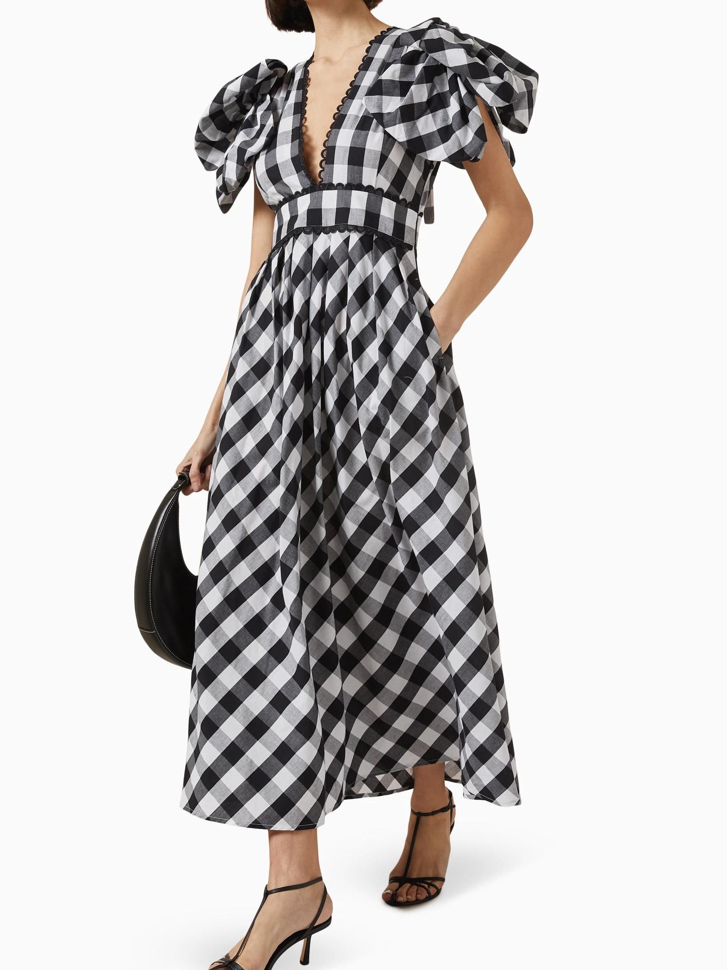 Puff Sleeves and Deep V - Neck Stylish Maxi Dress