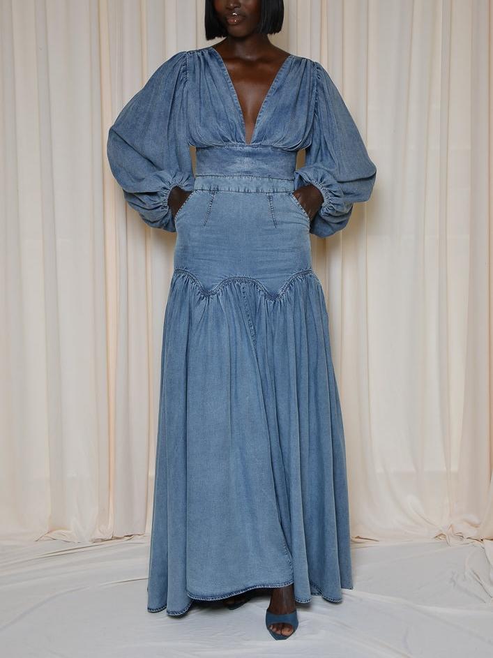 Stylish Denim Two - Piece Set with Puffed Sleeves and Ruffled Skirt