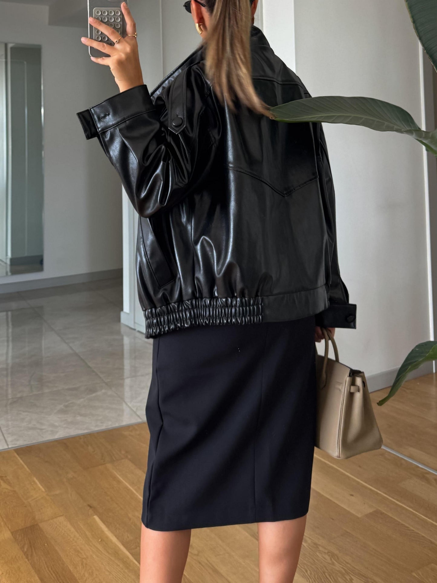 Stand Collar Oversize Leather Jacket