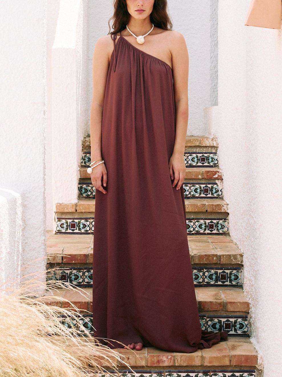 Elegant One - Shoulder Burgundy Maxi Dress