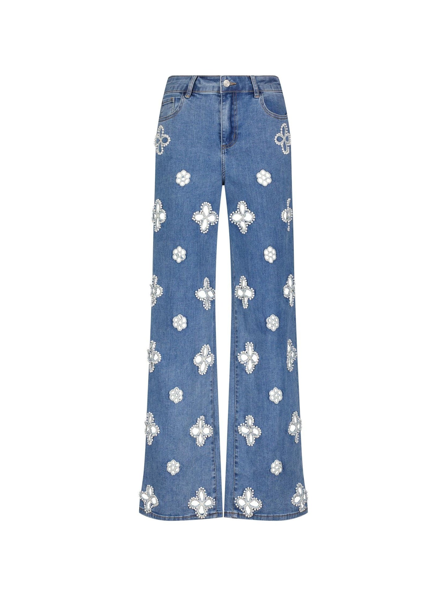 Embroidered Pearl Hollow-out Stretch Straight Pants