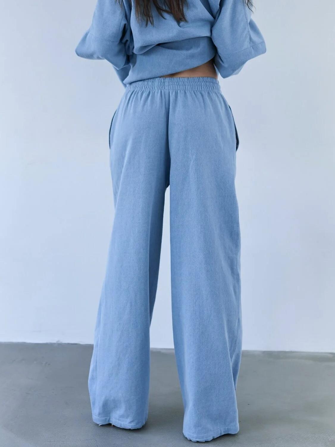 Stylish Light Blue Denim Wide - Leg Pants