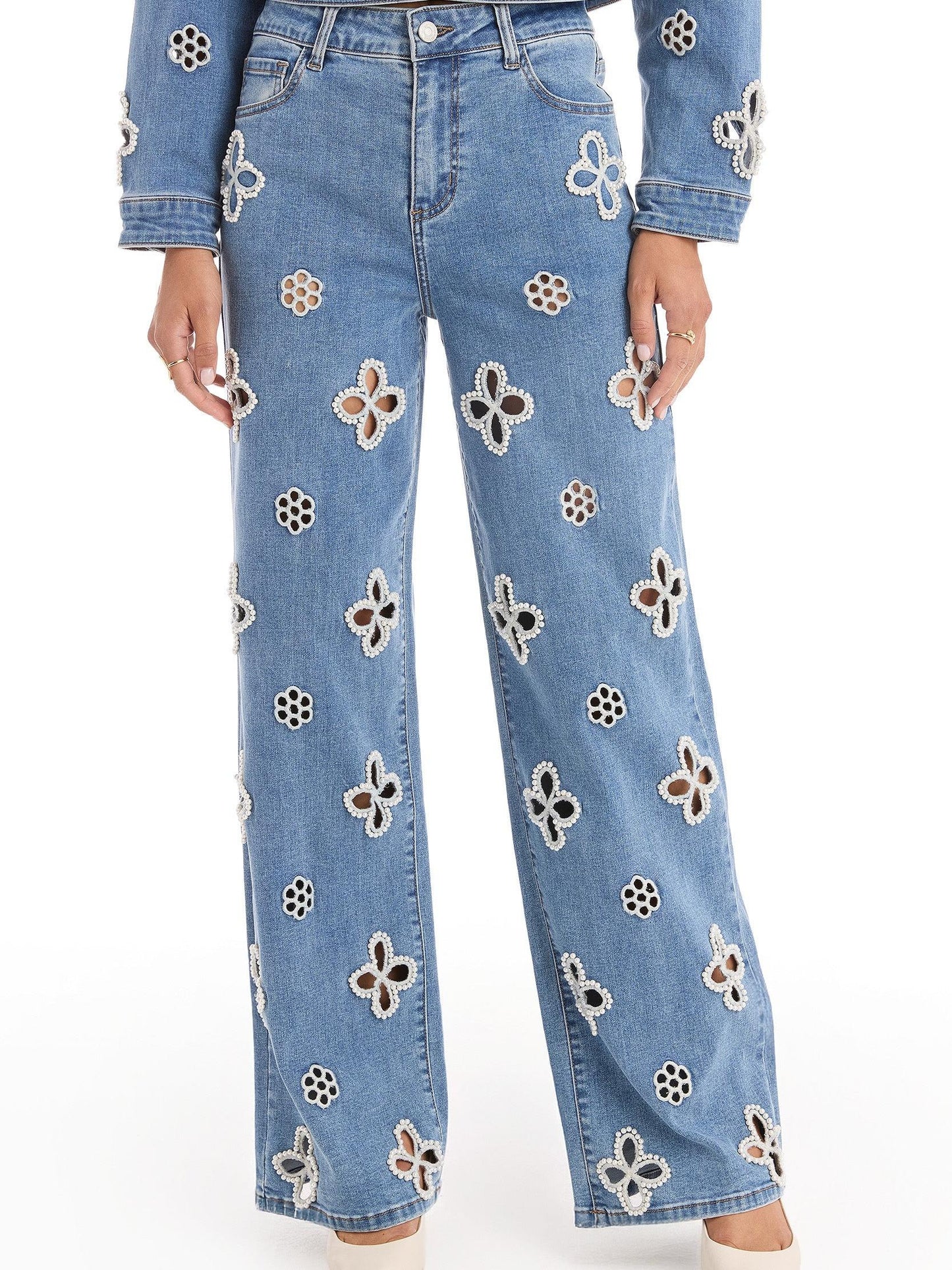 Embroidered Pearl Hollow-out Stretch Straight Pants