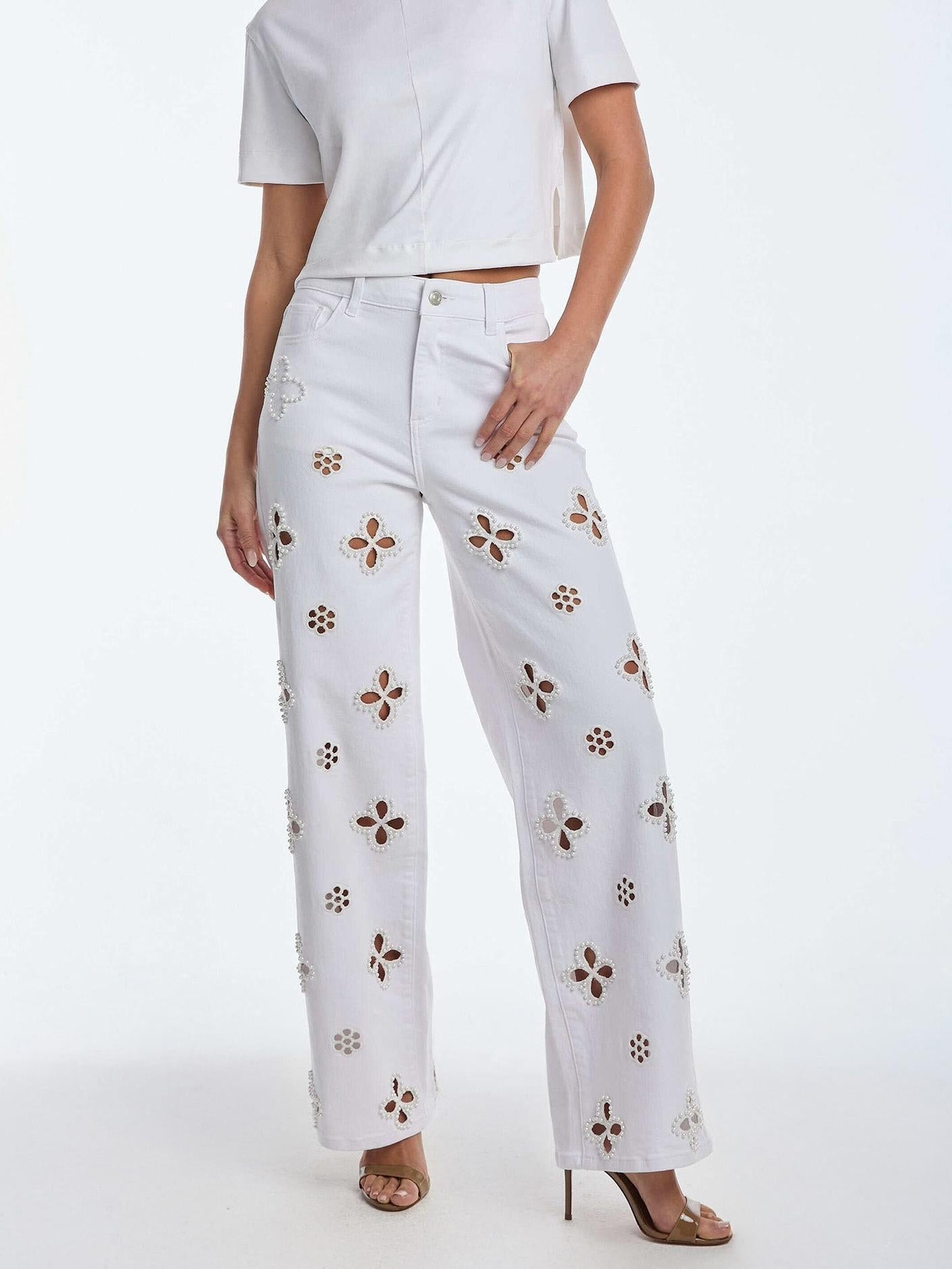 Embroidered Pearl Hollow-out Stretch Straight Pants