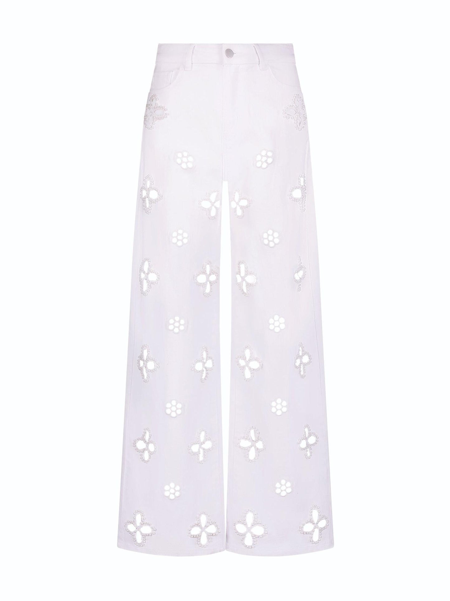 Embroidered Pearl Hollow-out Stretch Straight Pants