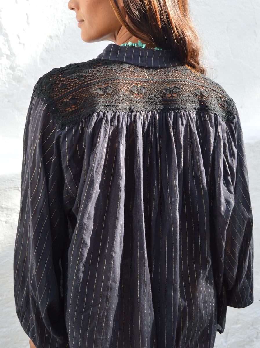 Elegant Black & Gold Striped V - Neck Blouse